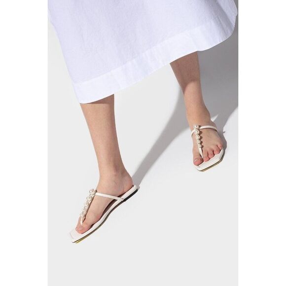 NWT JIMMY CHOO Alaina White Faux Pearl Embellished Thong Flat Sandals Si… - Picture 2 of 9